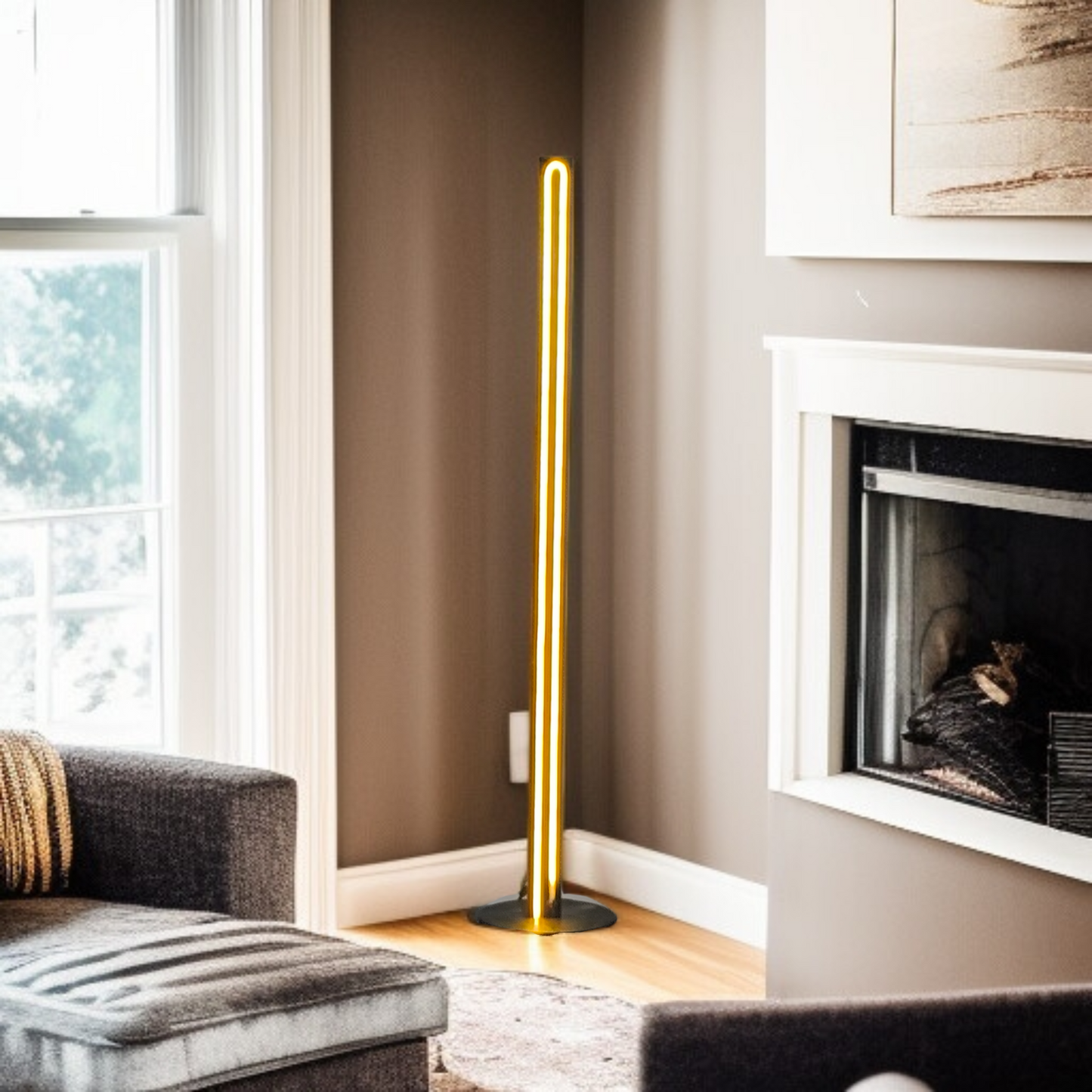 Scandinavian contemporary LED Floor Lamp, Wooden Floor Lamp in Black, elegant accent lighting for modern home, minimalistic standing slim floor lamp. (Adapter not included)