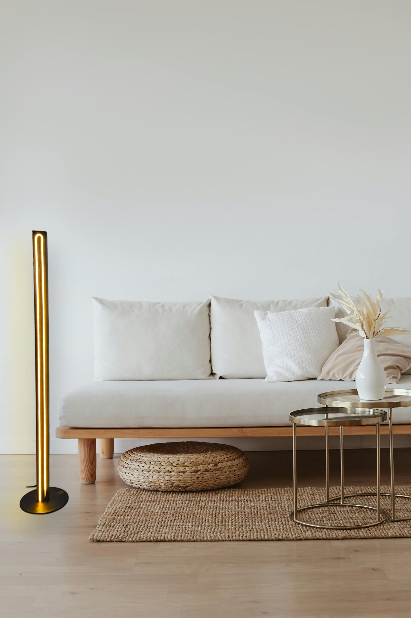 Scandinavian contemporary LED Floor Lamp, Wooden Floor Lamp in Black, elegant accent lighting for modern home, minimalistic standing slim floor lamp. (Adapter not included)
