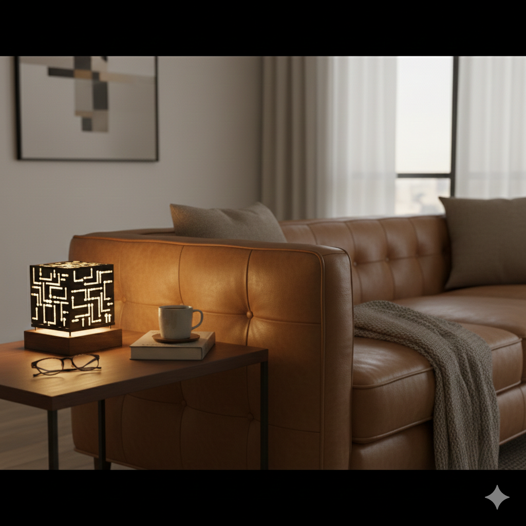 Tesseract Wooden Table Lamp – Geometric Handcrafted Lamp | Fíor India