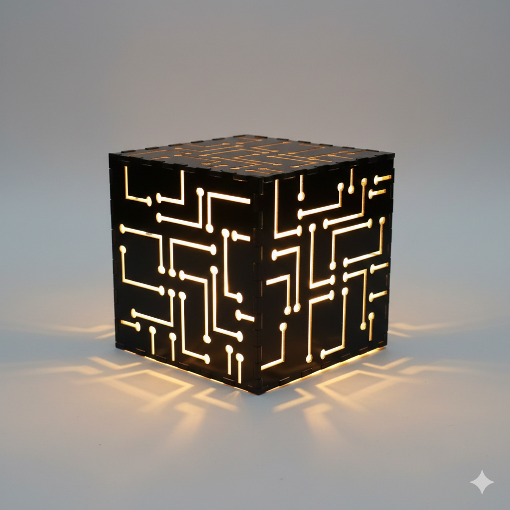 Tesseract Wooden Table Lamp – Geometric Handcrafted Lamp | Fíor India