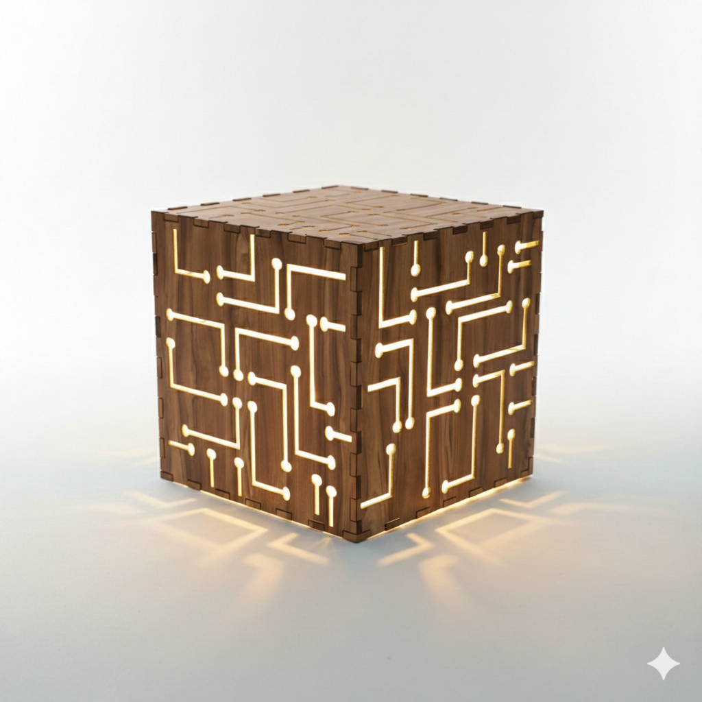 Tesseract Wooden Table Lamp – Geometric Handcrafted Lamp | Fíor India