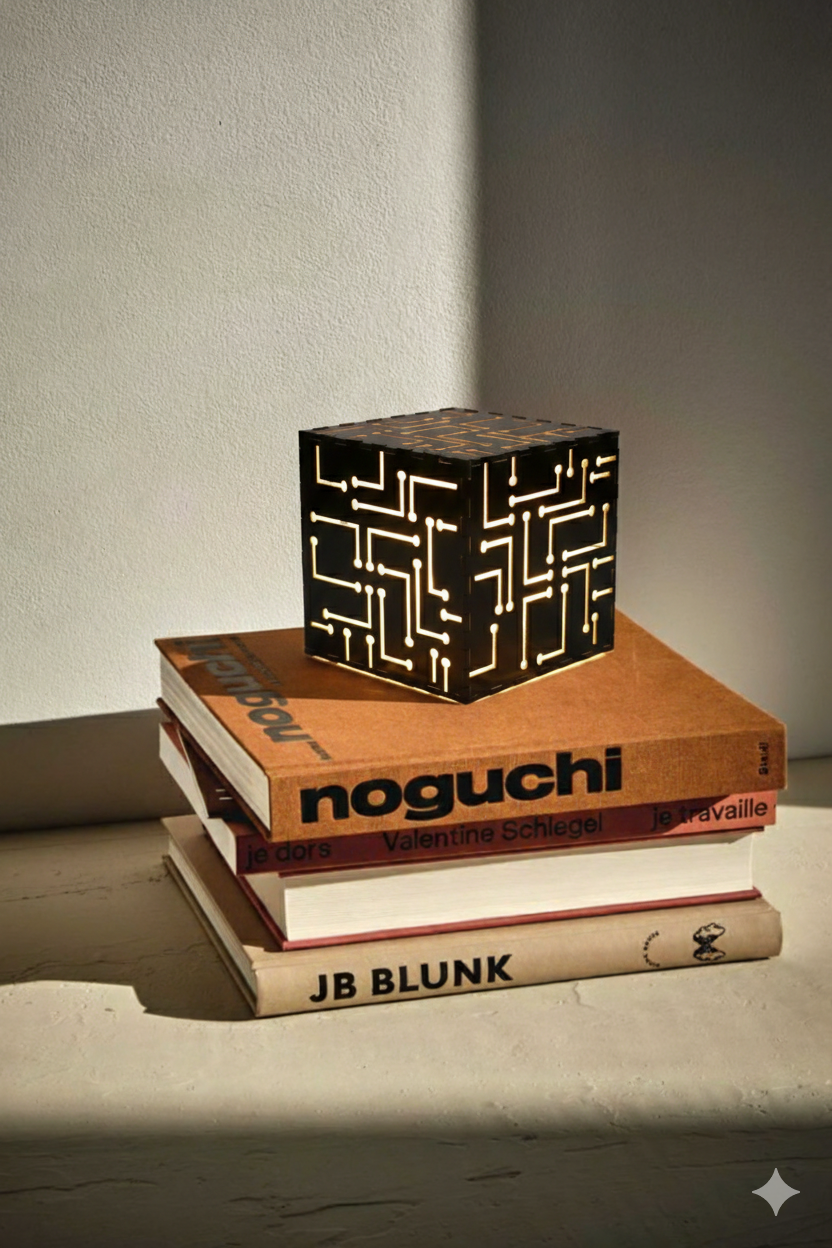Tesseract Wooden Table Lamp – Geometric Handcrafted Lamp | Fíor India