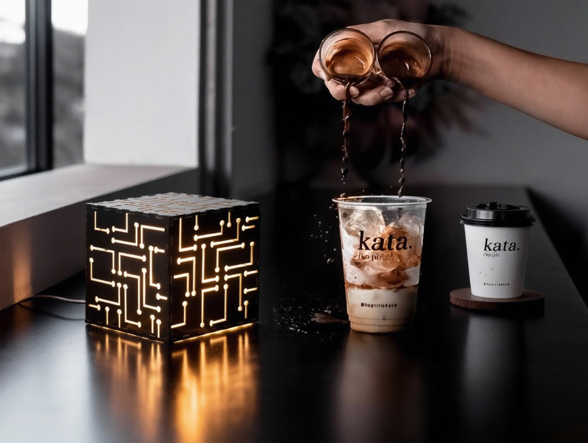 Tesseract Wooden Table Lamp – Geometric Handcrafted Lamp | Fíor India